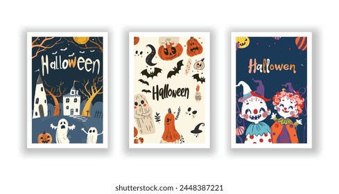 Set of 3 Halloween Card, Poster, hand drawn cute flyer. Postcard with letter "Halloween". Bats, Pumpkins, Zombies, Scarecrows, Witches... Background. Vector illustration