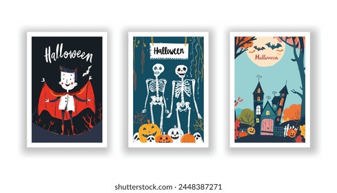 Set of 3 Halloween Card, Poster, hand drawn cute flyer. Postcard with letter "Halloween". Bats, Pumpkins, Zombies, Scarecrows, Witches... Background. Vector illustration