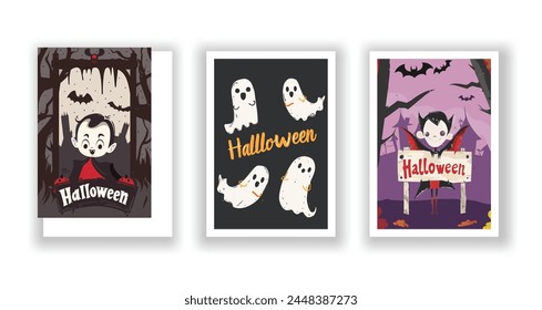 Set of 3 Halloween Card, Poster, hand drawn cute flyer. Postcard with letter "Halloween". Bats, Pumpkins, Zombies, Scarecrows, Witches... Background. Vector illustration