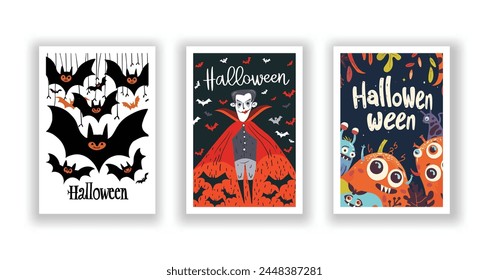 Set of 3 Halloween Card, Poster, hand drawn cute flyer. Postcard with letter "Halloween". Bats, Pumpkins, Zombies, Scarecrows, Witches... Background. Vector illustration