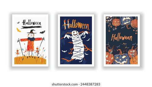 Set of 3 Halloween Card, Poster, hand drawn cute flyer. Postcard with letter "Halloween". Bats, Pumpkins, Zombies, Scarecrows, Witches... Background. Vector illustration