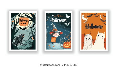 Set of 3 Halloween Card, Poster, hand drawn cute flyer. Postcard with letter "Halloween". Bats, Pumpkins, Zombies, Scarecrows, Witches... Background. Vector illustration