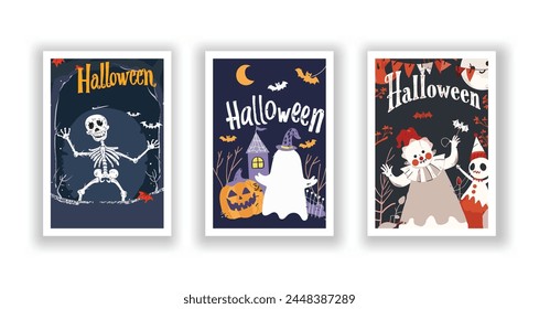 Set of 3 Halloween Card, Poster, hand drawn cute flyer. Postcard with letter "Halloween". Bats, Pumpkins, Zombies, Scarecrows, Witches... Background. Vector illustration