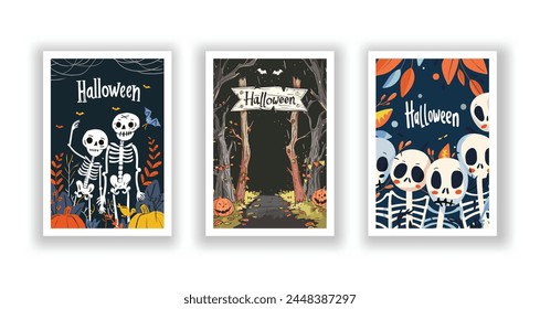 Set of 3 Halloween Card, Poster, hand drawn cute flyer. Postcard with letter "Halloween". Bats, Pumpkins, Zombies, Scarecrows, Witches... Background. Vector illustration