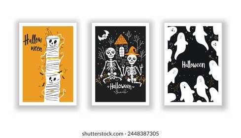 Set de 3 tarjetas de Halloween, póster, volante dibujado a mano. Postal con la letra "Halloween". Murciélagos, Calabazas, Zombis, Espantapájaros, Brujas... Antecedentes. Ilustración vectorial