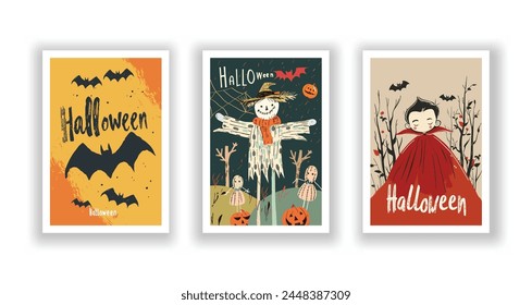 Set of 3 Halloween Card, Poster, hand drawn cute flyer. Postcard with letter "Halloween". Bats, Pumpkins, Zombies, Scarecrows, Witches... Background. Vector illustration