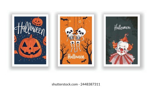 Set of 3 Halloween Card, Poster, hand drawn cute flyer. Postcard with letter "Halloween". Bats, Pumpkins, Zombies, Scarecrows, Witches... Background. Vector illustration