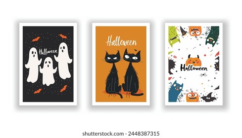 Set of 3 Halloween Card, Poster, hand drawn cute flyer. Postcard with letter "Halloween". Bats, Pumpkins, Zombies, Scarecrows, Witches... Background. Vector illustration