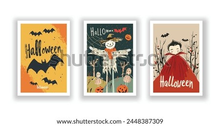 Set of 3 Halloween Card, Poster, hand drawn cute flyer. Postcard with letter "Halloween". Bats, Pumpkins, Zombies, Scarecrows, Witches... Background. Vector illustration
