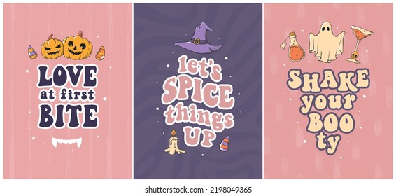 Set of 3 Halloween cards, posters, prints decorated with groovy quotes and doodles. Good for nursery decor, apparel, stickers, sublimation. EPS 10