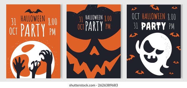 Set of 3 Halloween invitation cards: ghost, pumpkin, zombie hands, bats and moon. Bright style, large typography. Suitable for posters, posts and greetings.
