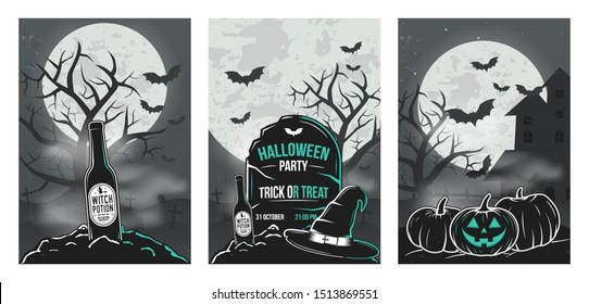 Set of 3 Halloween party invitations templates. Halloween background for poster, banner. Bottle of beer, tombstone, witch hat, halloween pumpkins. Vector illustration