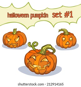 Set of 3 halloween pumpkins.  Vector illustration, EPS 10. Contains transparent objects