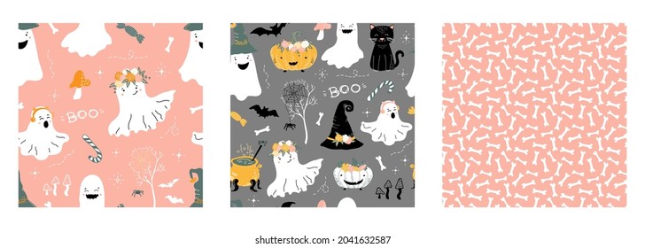 Set of 3 Halloween vector patterns. Cute ghosts, bats and witch's hat, spider web, candy,  pumpkins, bones and mushrooms. October holiday. Baby print