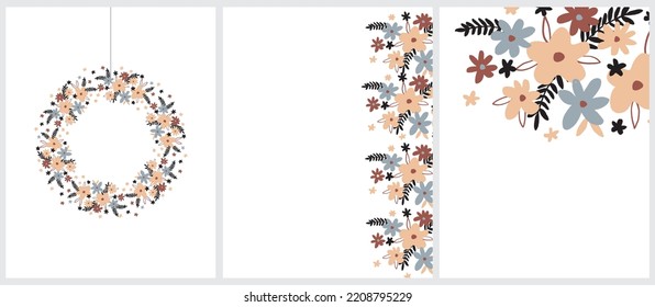 Set of 3 Hand Darwn Infantile Style Floral Layouts with Blue and Beige Flowers on a White Background. No text. Round Floral Wreath. Background with Border made of Abstract Flowers. 