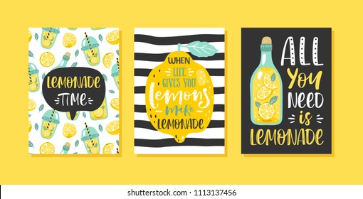 Set of 3 hand drawn cards. Motivation poster with modern calligraphy, lemons, lemonade and handwritten lettering.