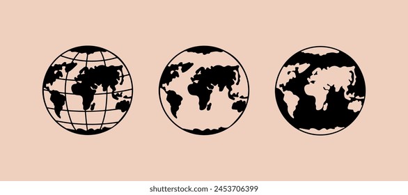 Set von 3 handgezeichneten Erdkugeln, Vektorillustration, isoliert auf Pastellhintergrund. Minimalistisches Planet Earth Design, das verschiedene Stile und Füllungen mischt