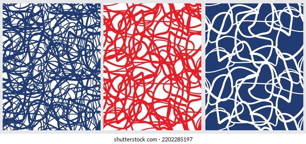 Satz von 3 handgezeichneten geometrischen, nahtlosen Vektormustern. Blau-und roter, strahlender Linien einzeln auf weißem Hintergrund. Cool Abstrakte unregelmäßige Doodle Print ideal für Stoffe, Textilien, Wrapping Paper.