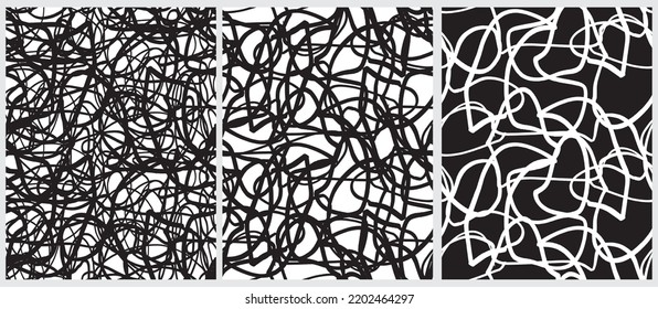 Set of 3 Hand Drawn Geometric Seamless Vector Patterns. Black Messy Wavy Lines Isolated on a White Background. Cool Abstract Irregular Doodle Print ideal for Fabric, Textile, Wrapping Paper.