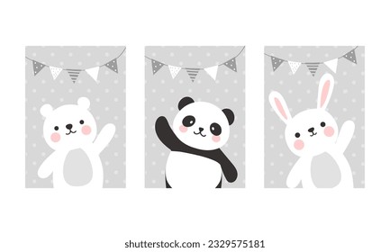 set of 3 hand drawn grey monochrome animal poster design for kids room. cute panda bear, hare, polar bear on a polka dot background