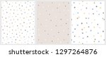 Set of 3 Hand Drawn Irregular Dots Vector Patterns. Blue, Brown and Beige Dots on a White Background. Blue, White and Brown Dots on a Beige Background. Infantile Style Abstract Art. Repeatable Design.