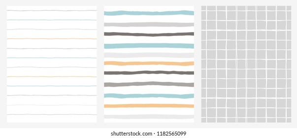 Set of 3 Hand Drawn Irregular Geometric Patterns. Horizontal Blue, Grey and Orange Stripes on a White Background. White Grid on A Grey Background. Infantile Style Design.