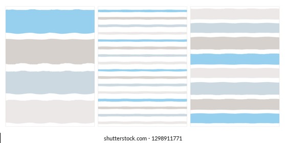 Conjunto de 3 patrones de vectores geométricos irregulares dibujados a mano. Banda gris azul horizontal en fondo blanco. Gráfica Abstracta De Estilo Infantil. Diseño reproducible.