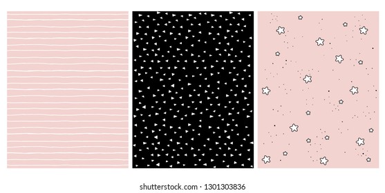 Set of 3 Hand Drawn Irregular Geometric Patterns. White Horizontal Stripes on Pink. White Triangles on a Black. White Star with Black Outline on a Pink Background. Cute Infantile Style Illustration. 