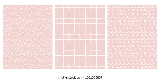 Set of 3 Hand Drawn Irregular Geometric Patterns. White Horizontal Stripes, Grid and Waves with Loops on a Light Pink Background. Cute Infantile Style Illustration. Children's Scrawl al
ike Design. 