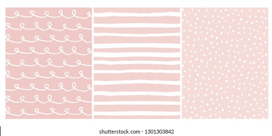 Set of 3 Hand Drawn Irregular Geometric Patterns. White Horizontal Stripes, Dots and Waves with Loops on a Light Pink Background. Cute Infantile Style Illustration. Children's Scrawl alike Design. 