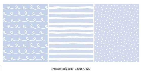 Set of 3 Hand Drawn Irregular Geometric Patterns. White Horizontal Stripes, Dots and Waves with Loops on a Light Blue Background. Cute Infantile Style Illustration. Children's Scrawl alike Design. 