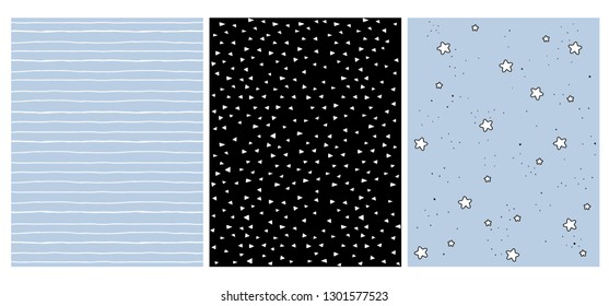 Set of 3 Hand Drawn Irregular Geometric Patterns. White Horizontal Stripes on Blue. White Triangles on a Black. White Star with Black Outline on a Blue Background. Cute Infantile Style Illustration. 