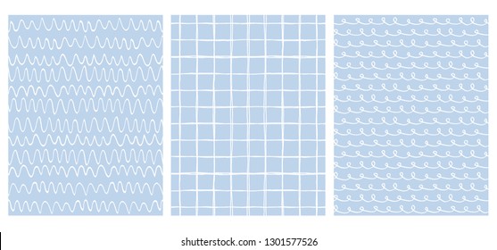 Set of 3 Hand Drawn Irregular Geometric Patterns. White Horizontal Stripes, Grid and Waves with Loops on a Light Blue Background. Cute Infantile Style Illustration. Children's Scrawl alike Design. 