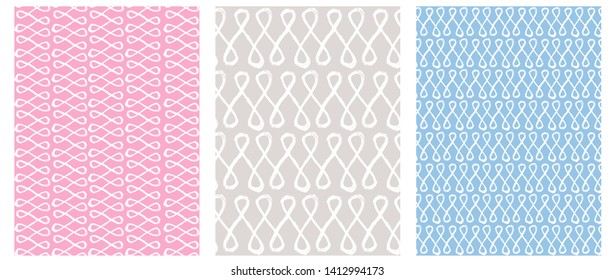 Set of 3 Hand Drawn Irregular Geometric Vector Patterns. White Brush Horizontal and Vertical Lines with Loops on a Light Pink, Blue and Gray Background. Cute Infantile Style Children's Scrawl.