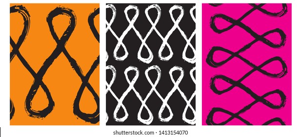 Set of 3 Hand Drawn Irregular Geometric Vector Patterns. Black Brush Horizontal and Vertical Lines with Loops on a Orange and Pink Background. White Loops on Black. Infantile Style Children's Scrawl.