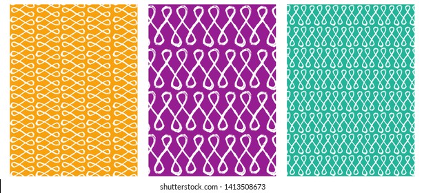Set of 3 Hand Drawn Irregular Geometric Vector Patterns. White Brush Horizontal and Vertical Lines with Loops on a Yellow, Violet and Green Background. Cute Infantile Style Children's Scrawl.