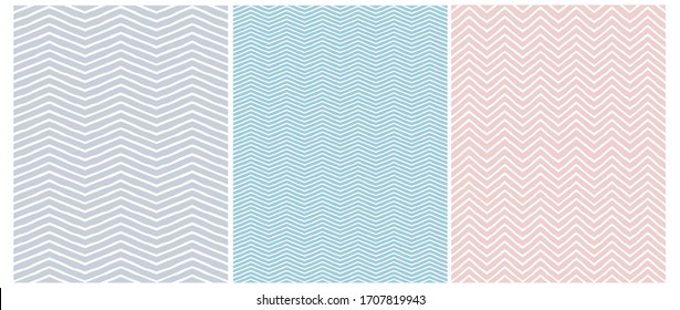 Set of 3 Hand Drawn Irregular Geometric Vector Patterns. White Horizontal Zig Zags Isolated on a Pastel Pink, Blue and Light Gray Background. Infantile Style Abstract Backdrop. Cute Chevron Print.