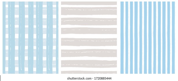 Satz von 3 handgezeichneten unregelmäßigen geometrischen Mustern. Horizontale hellblaue und graue Streifen auf weißem Hintergrund. Blau-weißer Gridhintergrund. Pastellblauer Streifen Print. Cute Infantile Repetable Design.