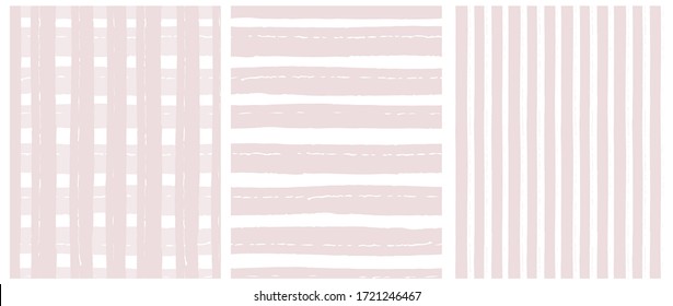 Set of 3 Hand Drawn Irregular Geometric Patterns. Horizontal Light Pink Stripes on a White Background. Pink-White Grid Backdrop. Pastel Pink Striped Print. Cute Infantile Repeatable Design.