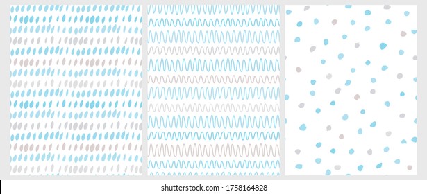 Set of 3 Hand Drawn Irregular Geometric Patterns. Blue and Gray Wavy Lines, Polka Dots and Spots Isolated on a White Background. Cute Infantile Style Illustration. Infantile Style Scribbles Print.
