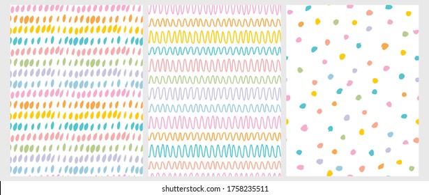 Set of 3 Hand Drawn Irregular Geometric Patterns. Colorful Freehand Wavy Lines, Polka Dots and Spots Isolated on a White Background. Cute Infantile Style Illustration. Infantile Style Scribbles Print.