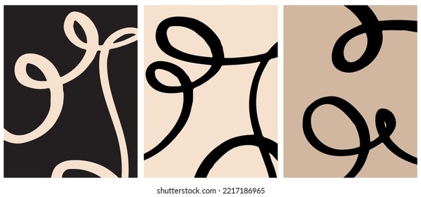 Set of 3 Hand Drawn Irregular Geometric Prints. Freehand Brush Stripes on a Brown, Beige and Black Background. Minimalist Style Design ideal for Wall Art, Poster, Card, Layout.