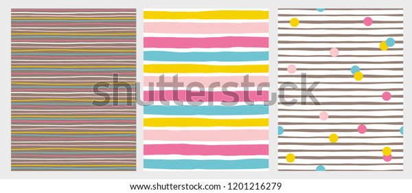 Set of 3 Hand Drawn Irregular Striped Vector\
Patterns. Horizontal Colorful Stripes on a White and Brown\
Background. Abstract Infantile Style Design. White, Pink, Blue and\
Yellow Lines and Dots. 