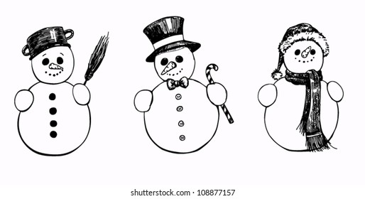 set of 3 hand drawn snowmen