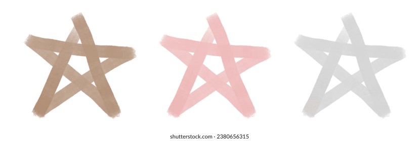 Set of 3 Hand Drawn Vector Stars. Infantile Style Marker-Like Brown, Light Dusty Pink and Light Gray Stars on a White Background. Doodle Style Sloppy Stars of Irregular Shape. RGB Colors.