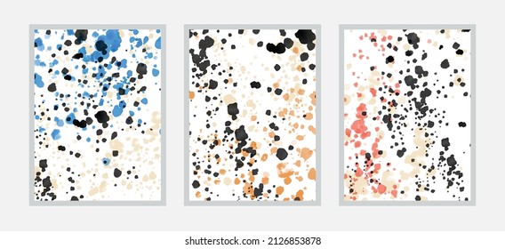 Set of 3 hand painted art work for wall decoration, postcard or poster design, home deco. Watercolor splash abstract art background. 