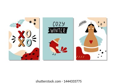 Set of 3 hand-drawn Christmas Posters. Scandinavian style. Can be used for congratulation, invitation, greeting cards.