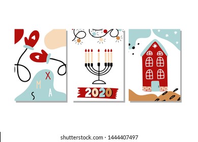 Set of 3 hand-drawn Christmas Posters. Scandinavian style. Can be used for congratulation, invitation, greeting cards.