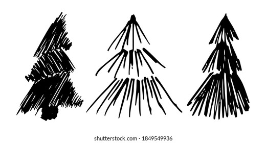 A set of 3 hand-drawn Christmas trees on a white background.