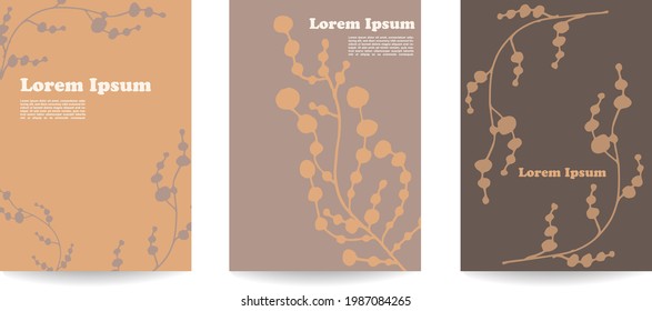 A set of 3 hand-drawn vector leaves backgrounds in beige colors with a seamless herbal pattern. Mid-century style, botanical garden, organic drawing. Ideal for beauty brands. Flat lay posters.
